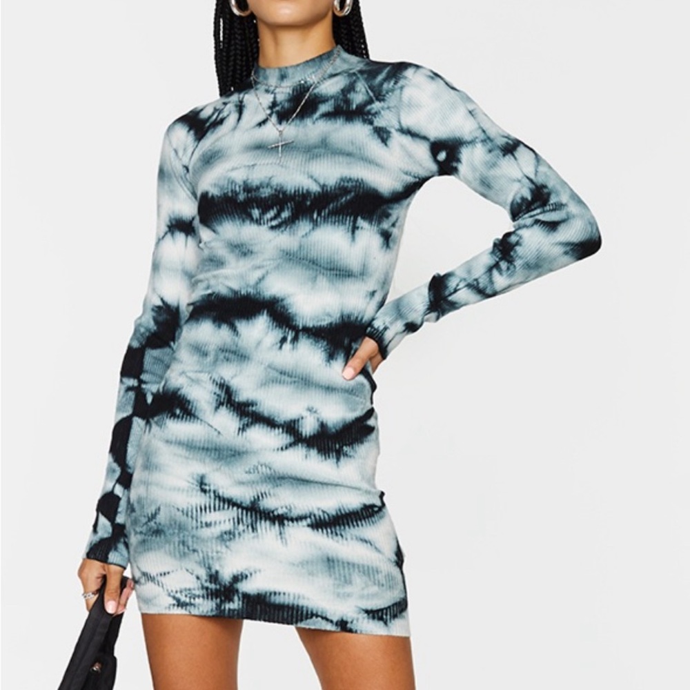 Black turtleneck, tie-dye, knitted long sleeve, bodycon dress. Size M